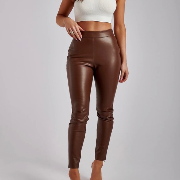 Skinny Faux Leather Pants in Chocolate - Picture 1 of 4